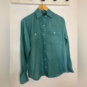 Lauren Ralph Lauren Turquoise Monogram Button Down Linen Shirt